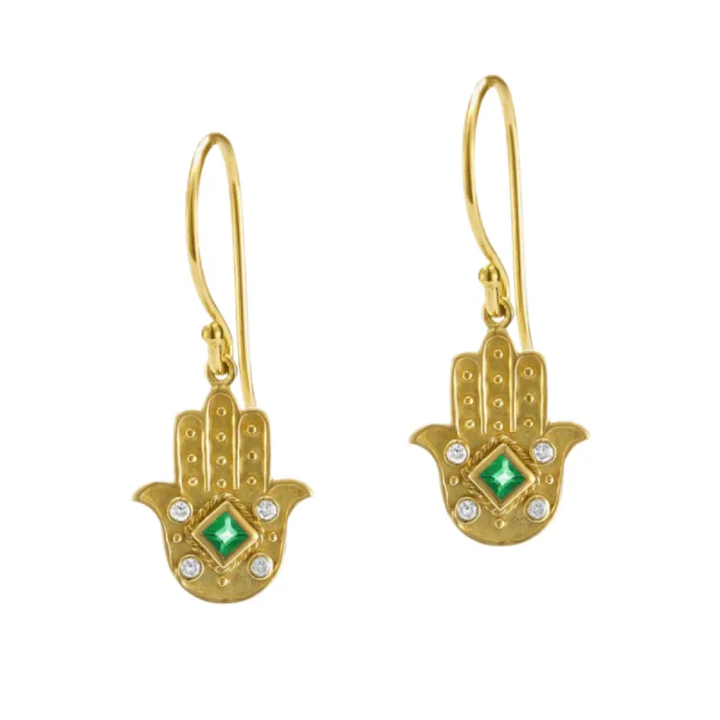 Diamond and Emerald Hamsa Drop Earrings sold by The Jewelry Edit