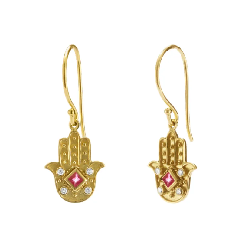Pink Ruby and Diamond Hamsa Drop Earrings sold by The Jewelry Edit