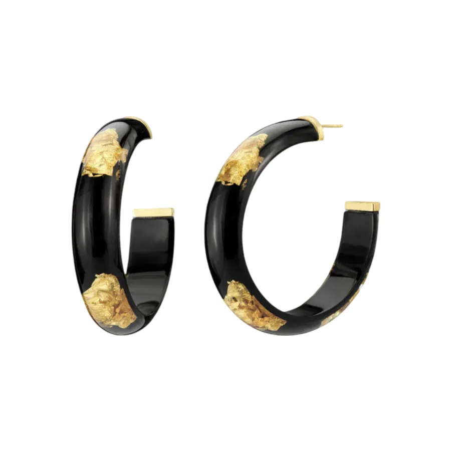 Gold Leaf Black Hoops Earrings Medium sold by The Jewelry Edit