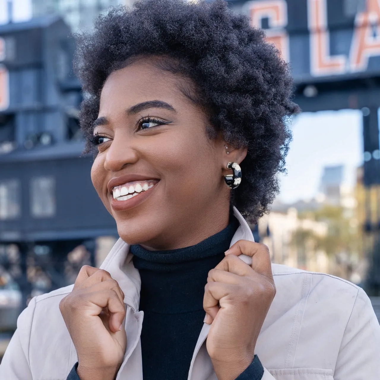 Gold Leaf Black Hoops Earrings Medium sold by The Jewelry Edit product image thumbnail 2
