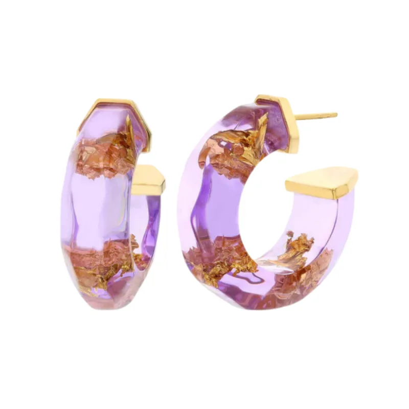 Petite Gold Leaf Faceted Lucite Hoops in Lilac sold by The Jewelry Edit