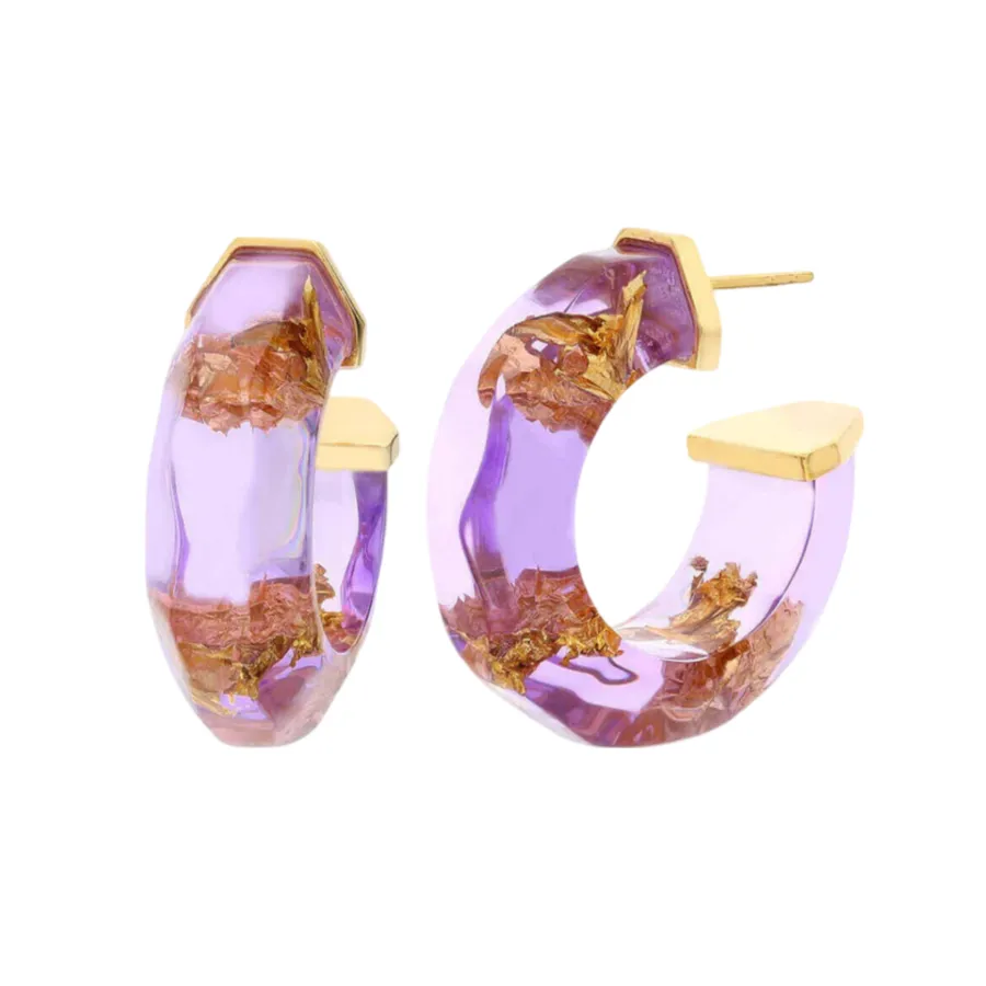 Petite Gold Leaf Faceted Lucite Hoops in Lilac sold by The Jewelry Edit