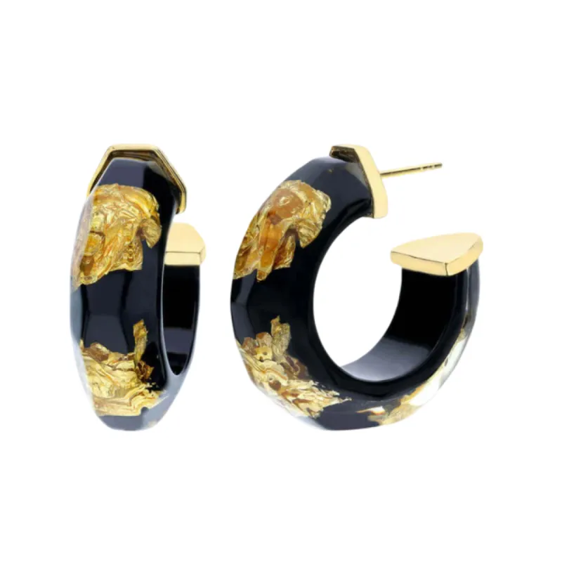 Petite Gold Leaf Faceted Lucite Hoops in Black sold by The Jewelry Edit