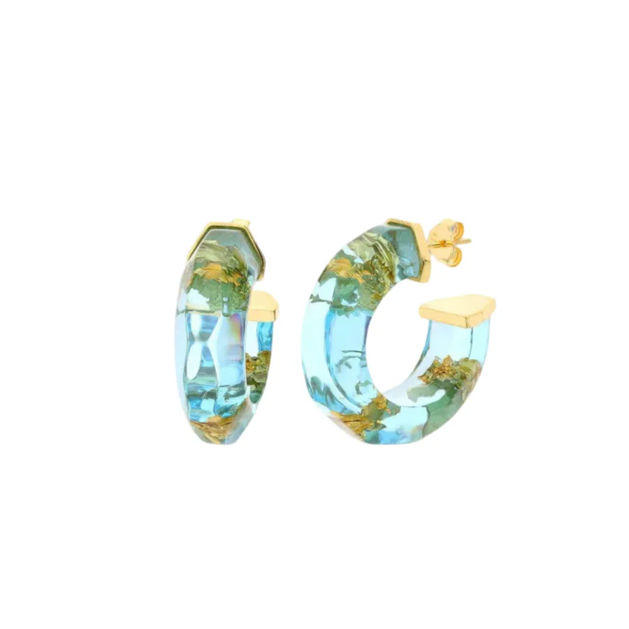 Petite Gold Leaf Faceted Lucite Hoops in Aqua sold by The Jewelry Edit product image thumbnail 2