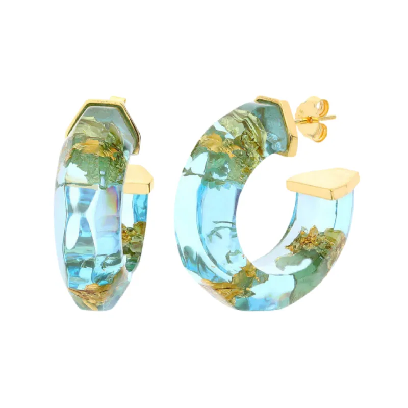 Petite Gold Leaf Faceted Lucite Hoops in Aqua sold by The Jewelry Edit
