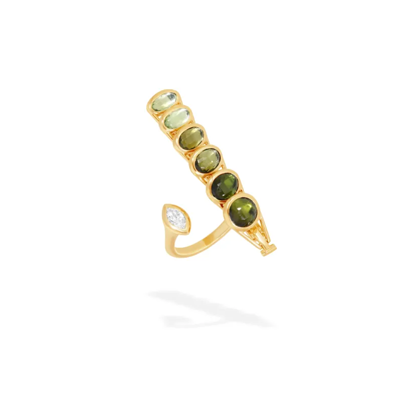 Dancing Open Ring Yellow Gold, Citrine, and Green Tourmaline sold by The Jewelry Edit