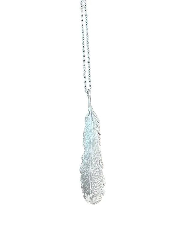Large Silver Feather Pendant Necklace sold by The Jewelry Edit