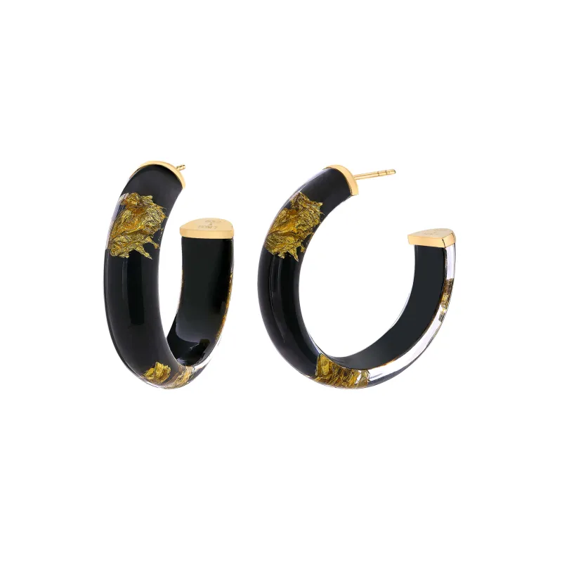 Gold Leaf Black Hoops Earrings Small sold by The Jewelry Edit