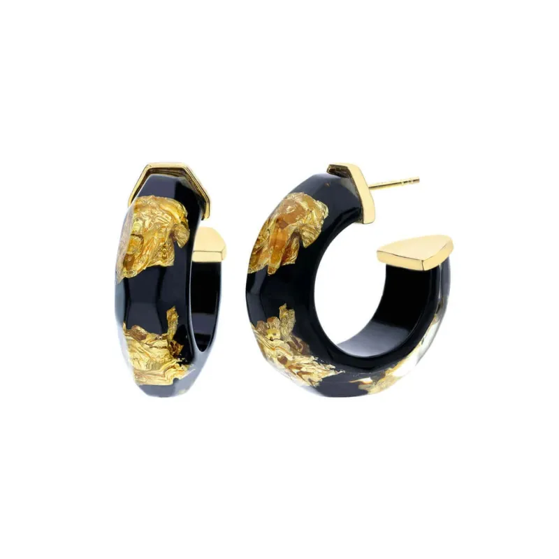 Mini Gold Leaf Lucite Faceted Hoops in Black & Gold sold by The Jewelry Edit