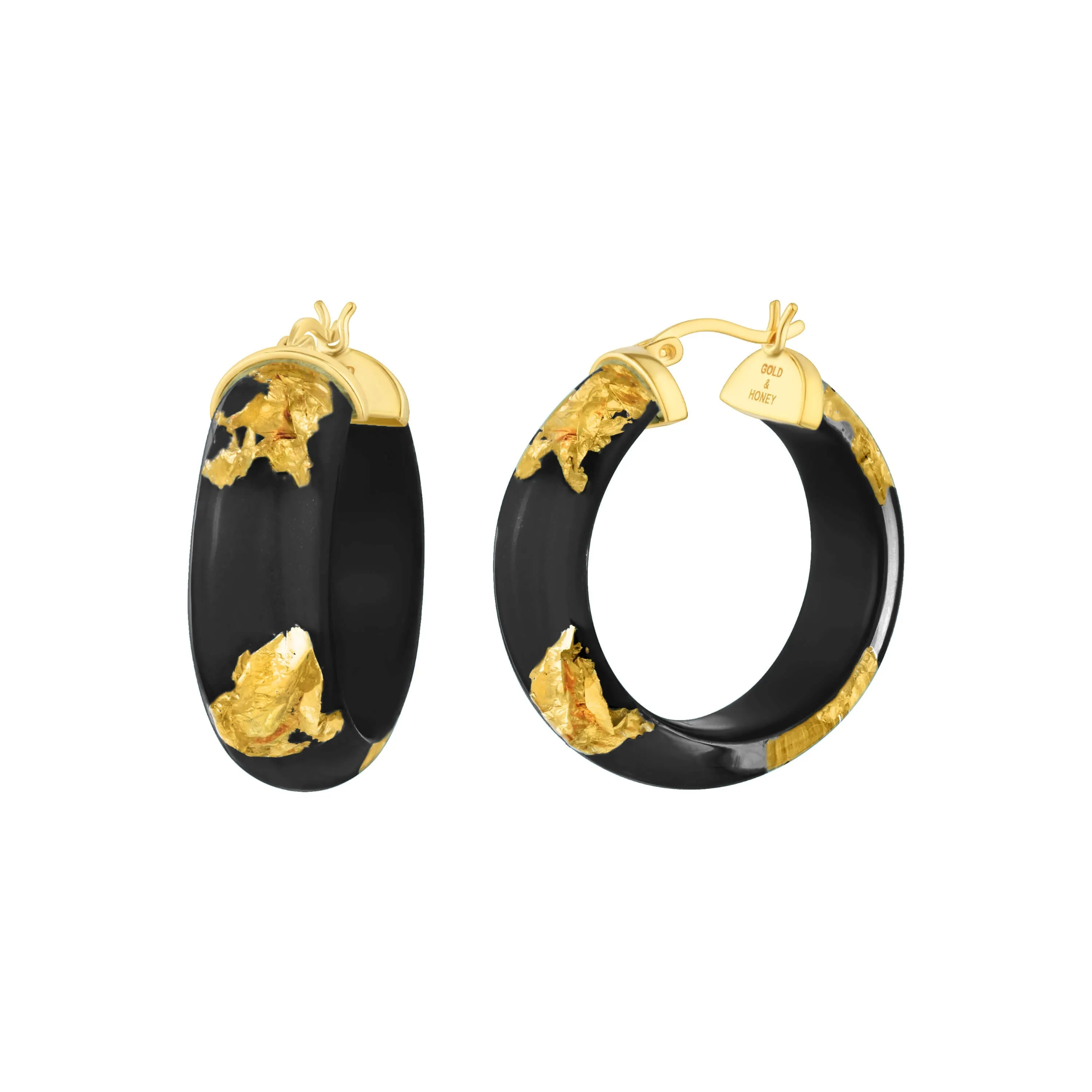 Mini Gold Lucite Full Hoops in Black & Gold sold by The Jewelry Edit