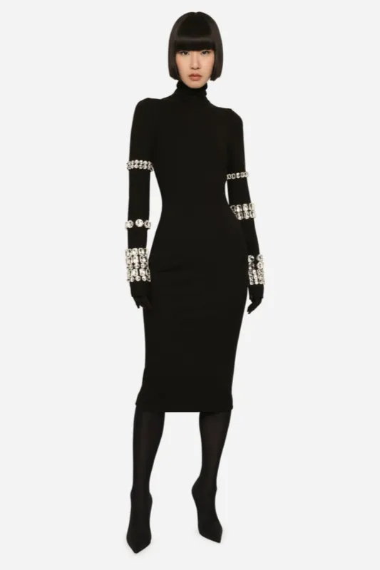 KIM DOLCE&GABBANA Calf-length dress in jersey Milano rib with rhinestones (Final Sale) sold by Curio