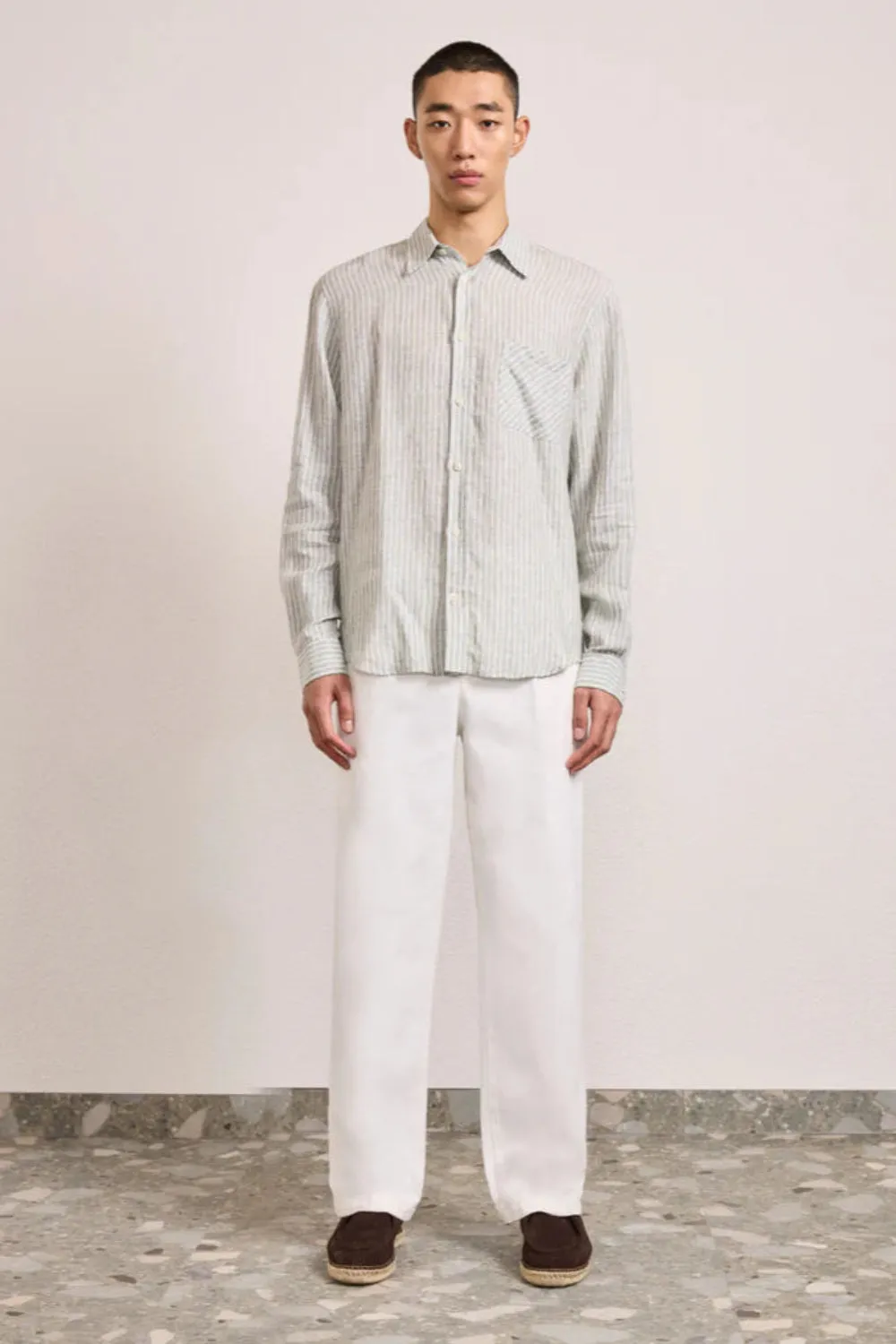 Telles Linen LS Striped Shirt Dark Olive (Final Sale) sold by Curio