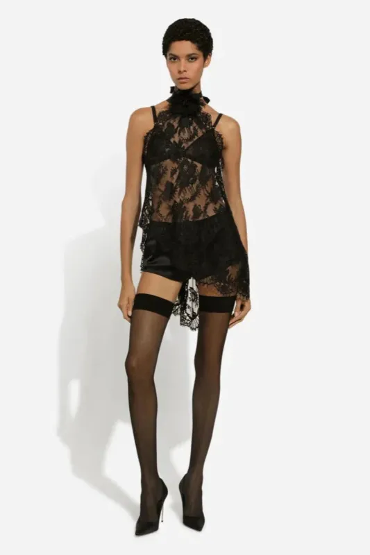 Asymmetrical Lace Top with Flower Detail on Neck made by Dolce & Gabanna