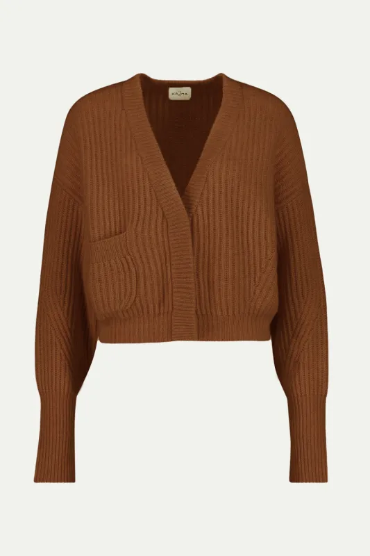 Monaco Short Ribbed Cardigan Terracotta sold by Curio