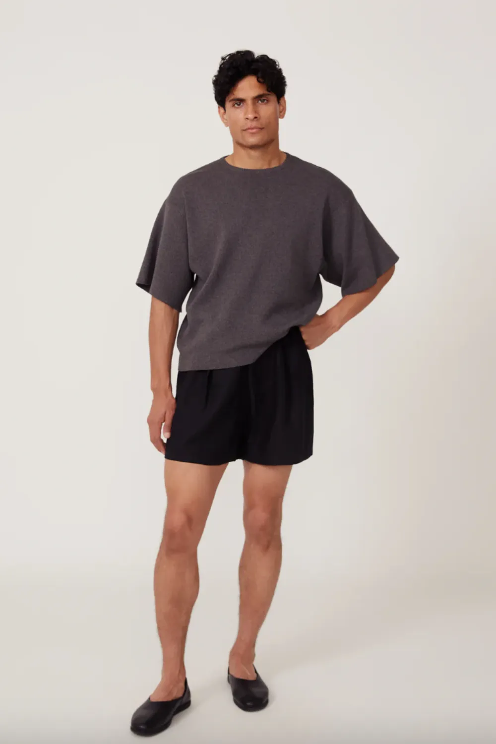 Drawstring Washed Linen Short in Black sold by Curio