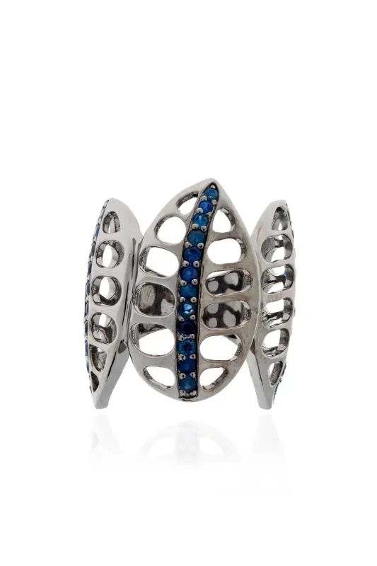 925 Silver Ring Plated in Black Rhodium with Blue Sapphires sold by Curio