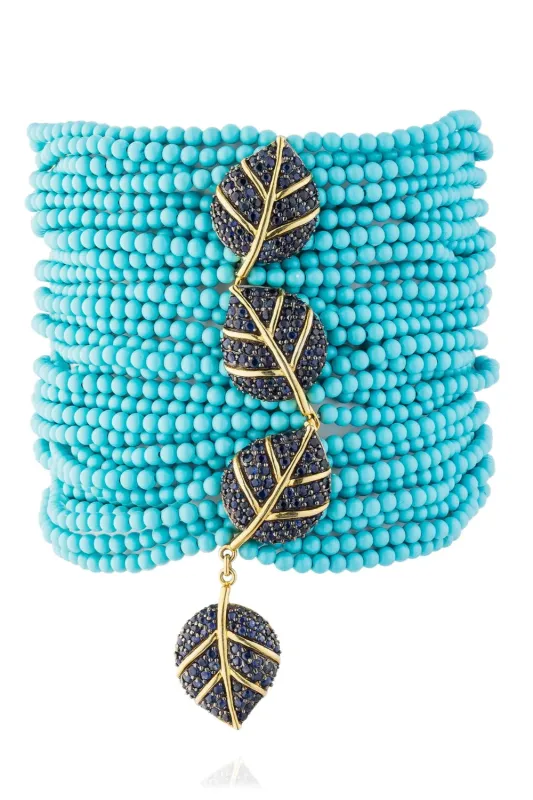 925 Silver Leaves Zinta Bracelet with Turquoise & Blue Sapphire made by Curio