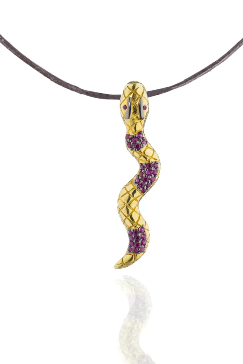 925 Silver Snake Pendant Plated in 18k YG Black Rhodium with Ruby Pave sold by Curio