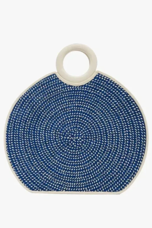 Zenú Large in Leather and Straw Blue-Creme sold by Curio