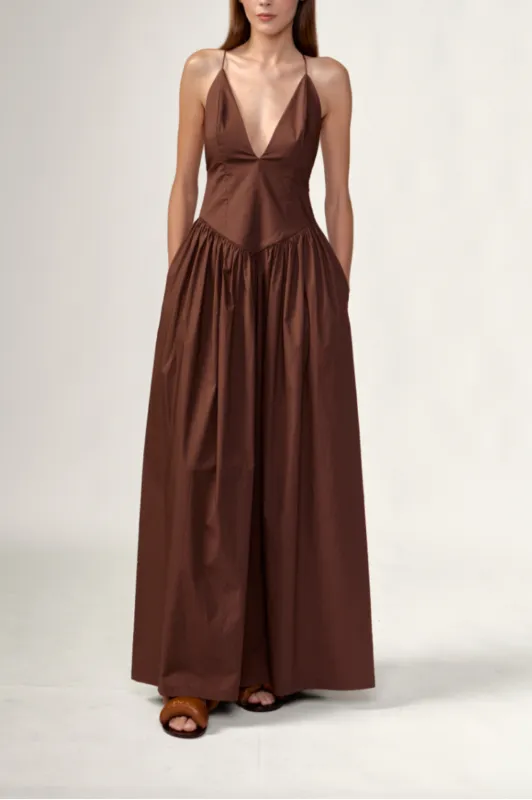 Opulence Deep v-Neck Brown Maxi Dress made by Adriana Degreas