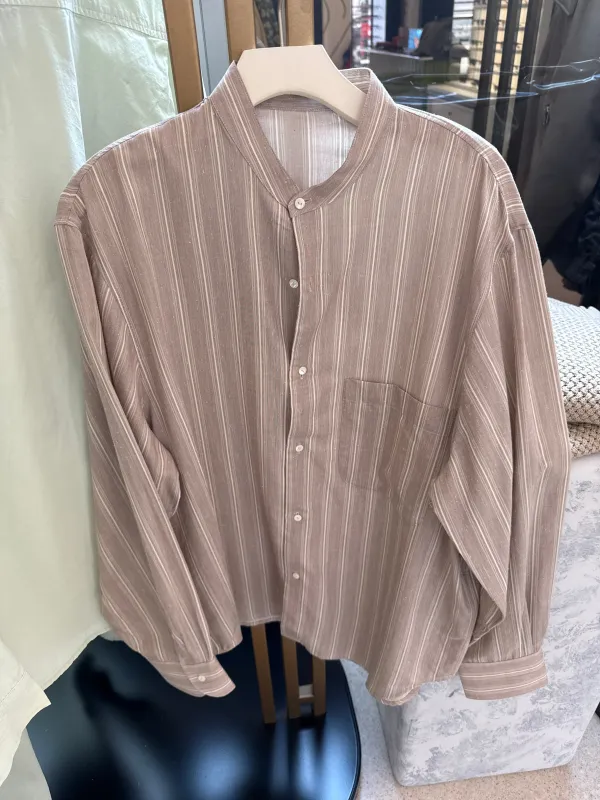 Band Collar Shirt - Cotton Silk Slub (Anise Multi Stripe) made by Stoffa
