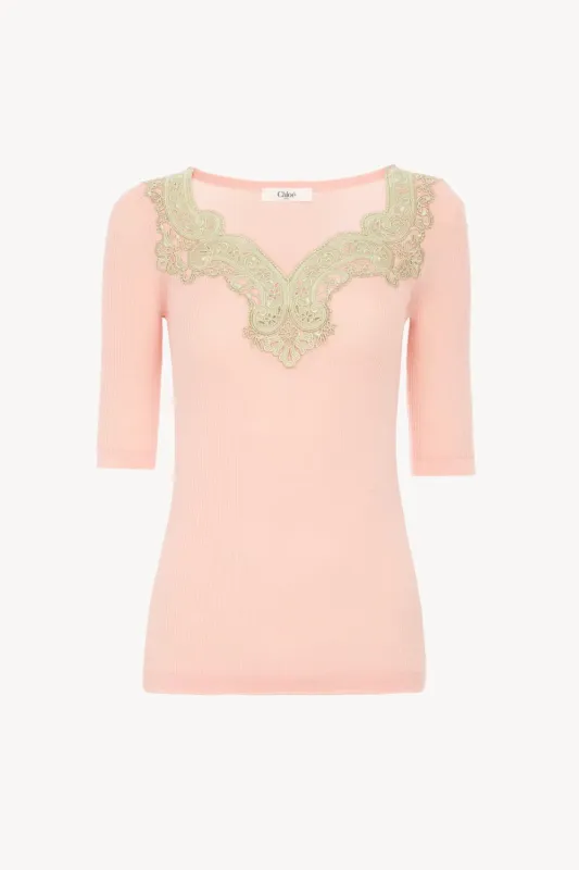 Elbow-sleeve fitted sweater in a wool knit & lace made by Chloe