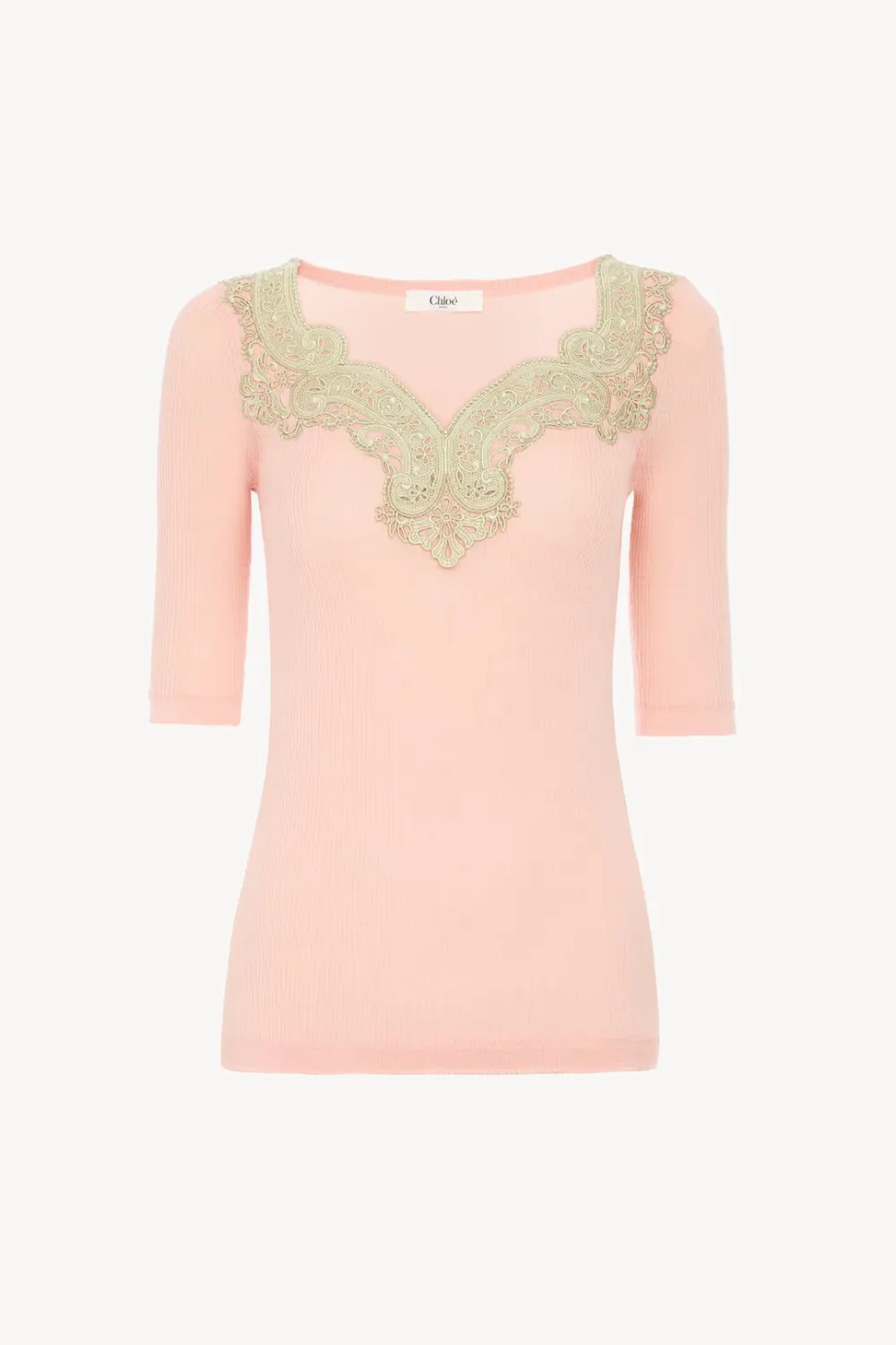 Elbow-sleeve fitted sweater in a wool knit & lace sold by Curio