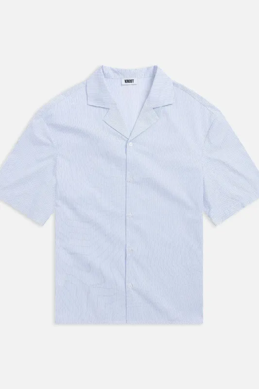 Cotton Stripe Bowling Shirt Dutch Blue made by KROST