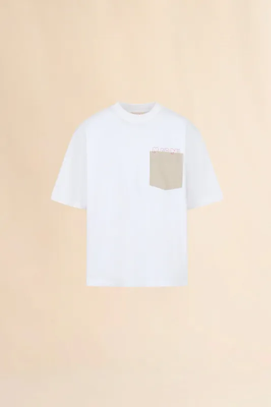 White Cotton T-Shirt with Contrast Pocket made by Marni