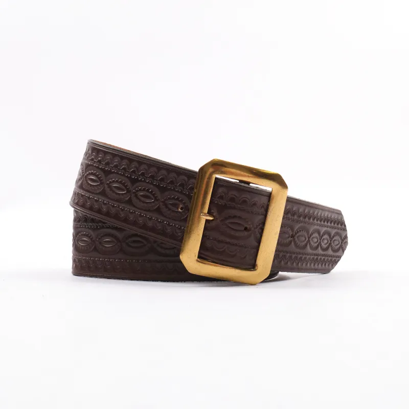 Codina Leather - NOS Vintage Brass Buckle Embossed Belt Brown sold by Freenote Cloth