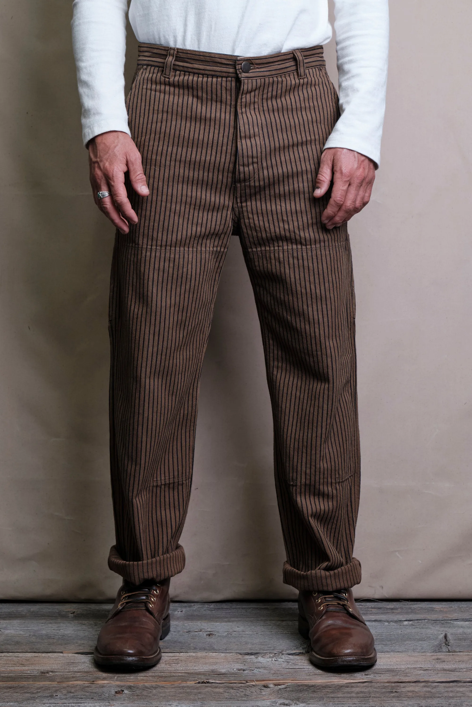 Ortega Pant Brown Herringbone Dobby sold by Freenote Cloth