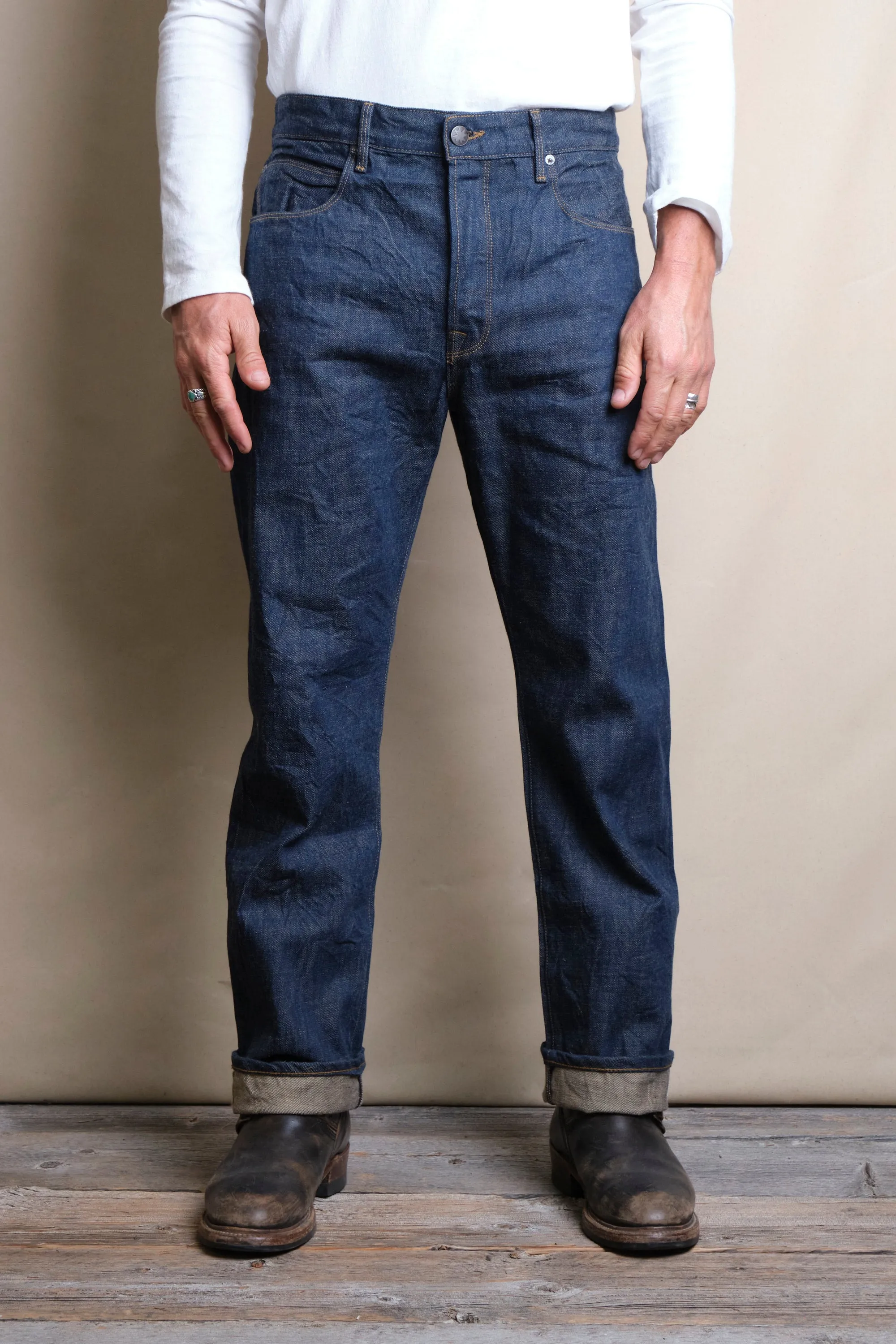 Belford Straight 13 Ounce Natural Rinsed Denim sold by Freenote Cloth