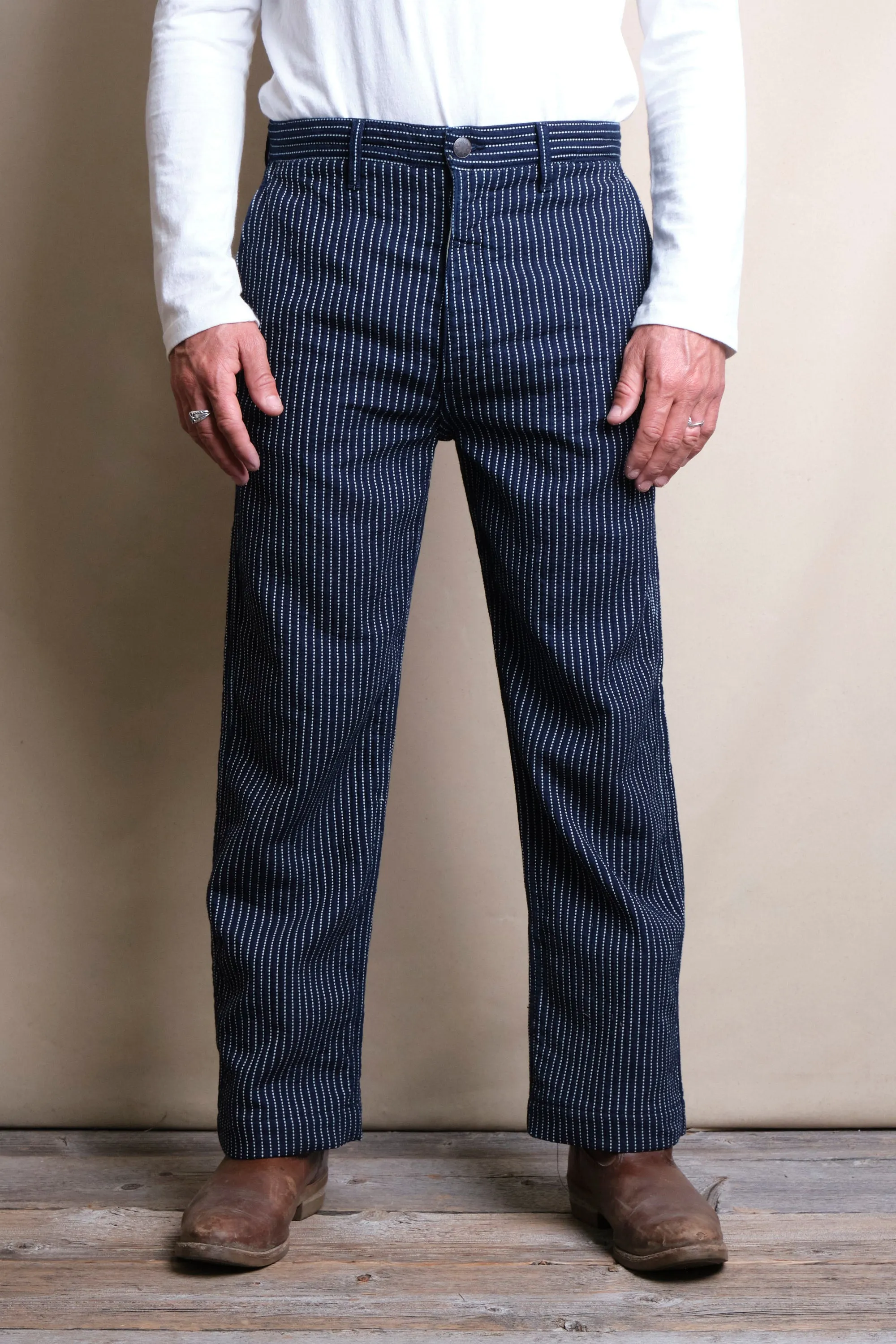 Western Pant Blue Dobby Stripe sold by Freenote Cloth