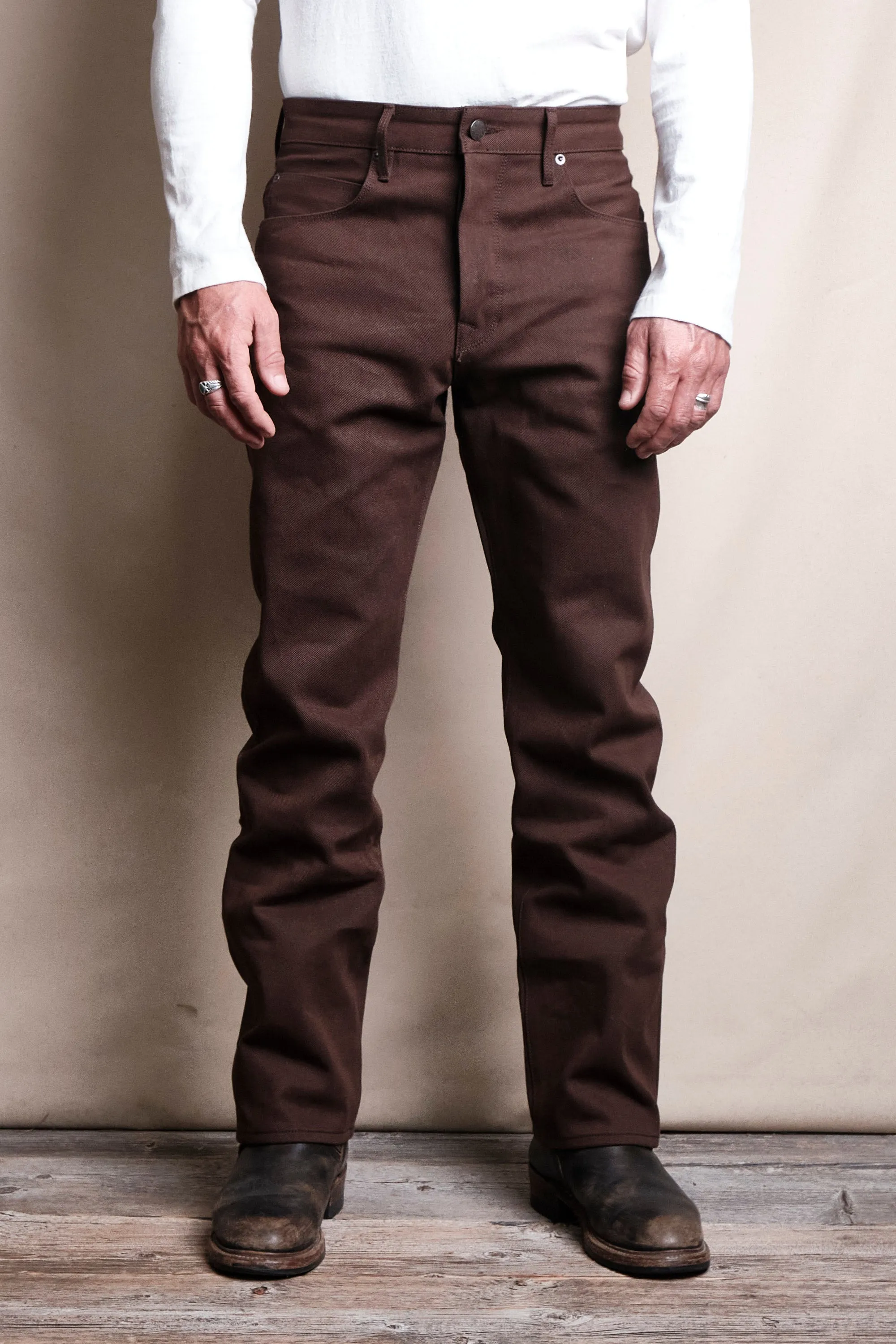 Belford Straight 15 ounce Dark Brown Denim sold by Freenote Cloth