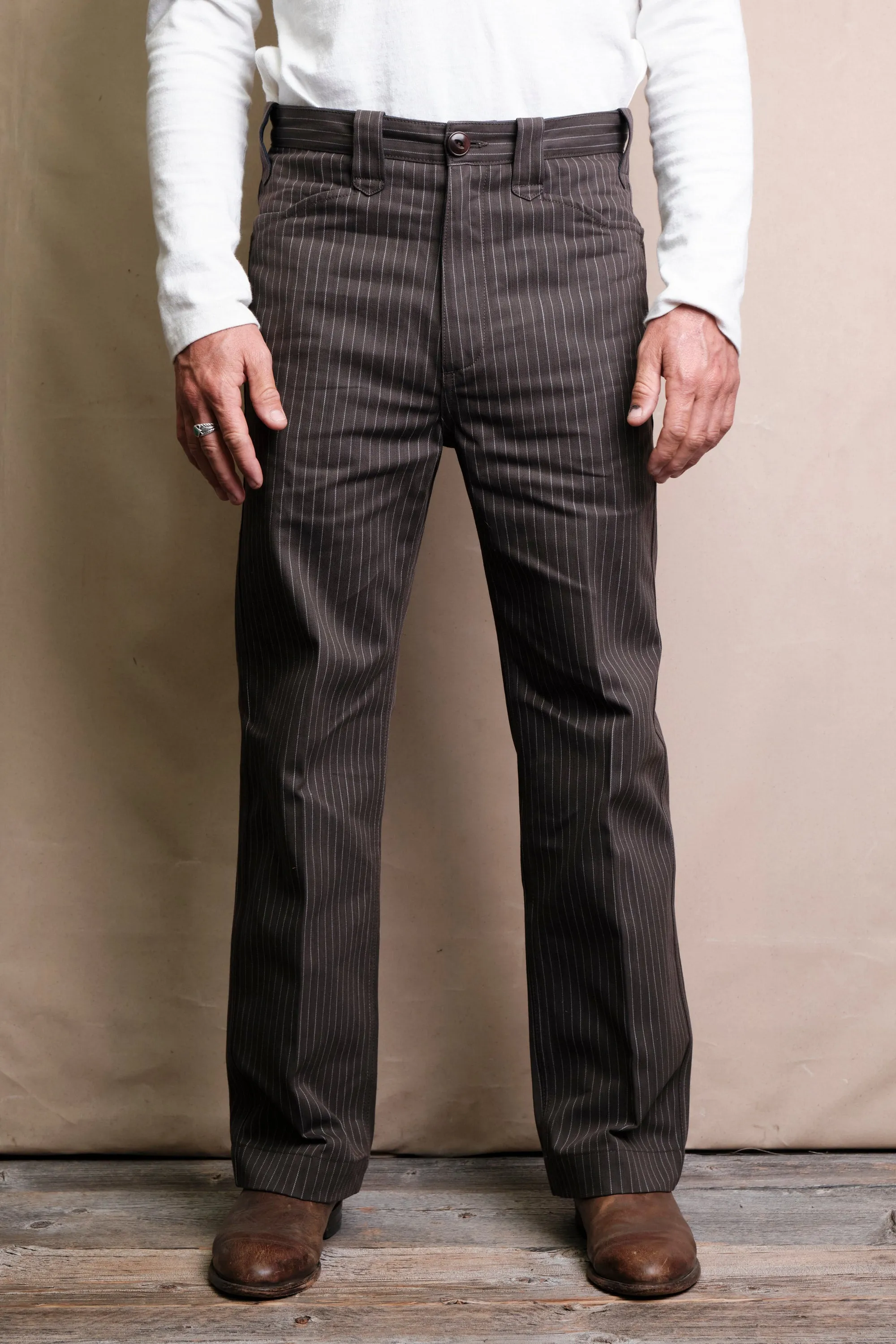 Duster Pant Brown Stripe sold by Freenote Cloth