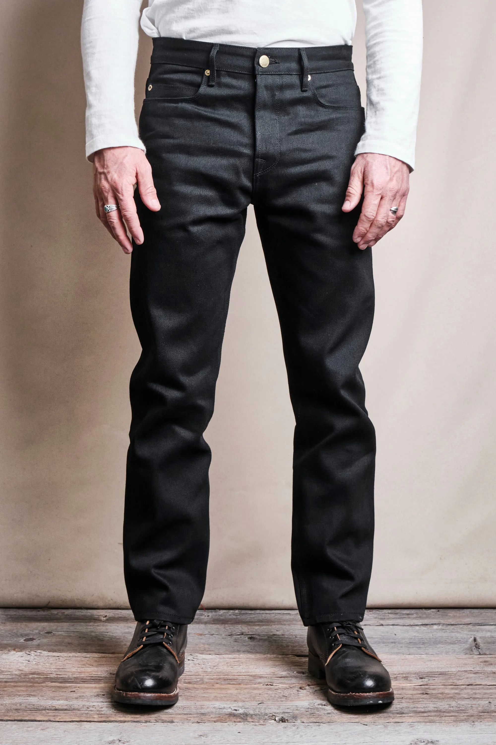 Portola Classic Taper 15.75 Ounce Black Denim sold by Freenote Cloth