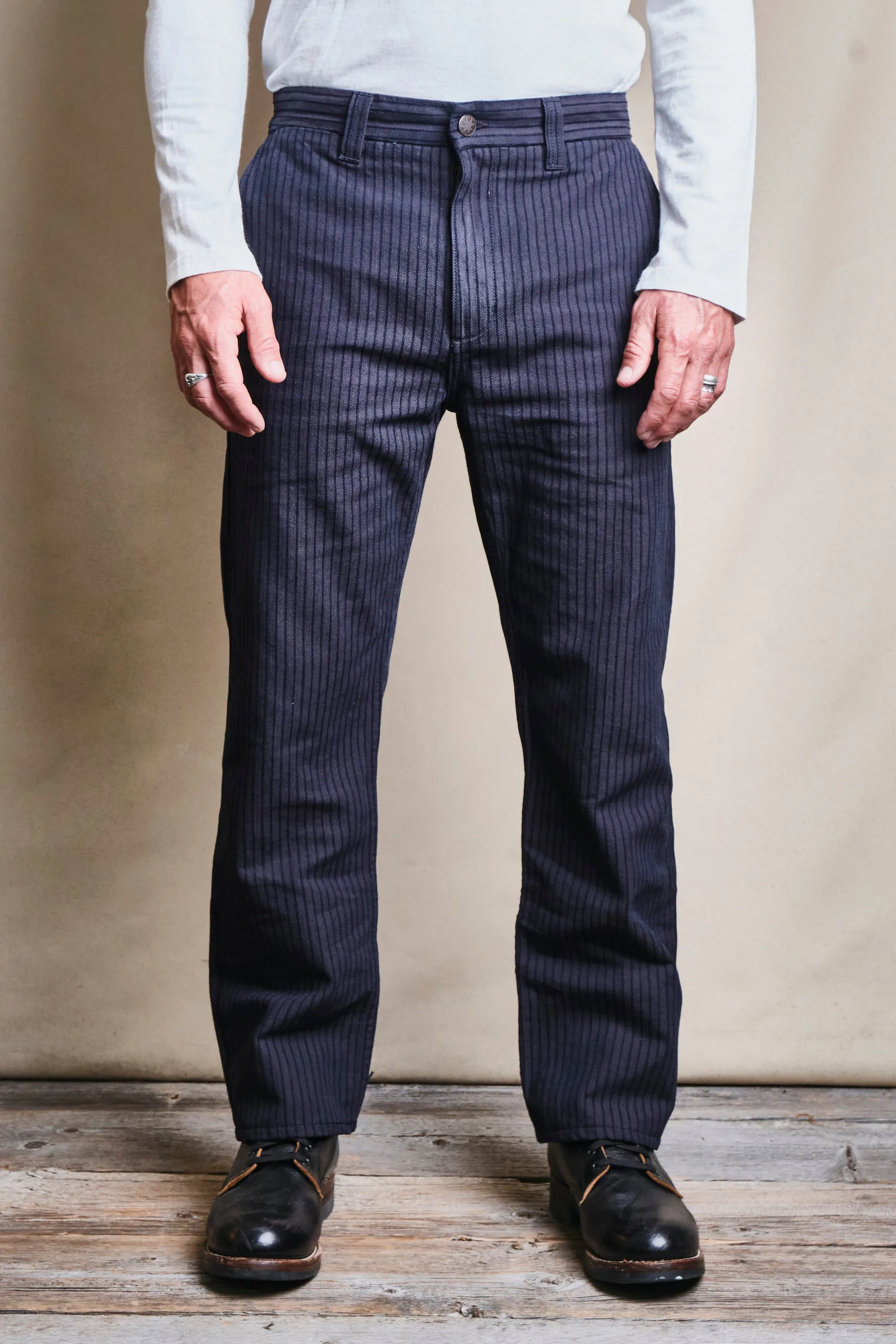 Deck Pant Indigo Herringbone Dobby sold by Freenote Cloth