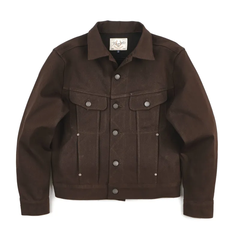 High Low 15 Ounce Dark Brown Denim Jacket made by Freenote Cloth