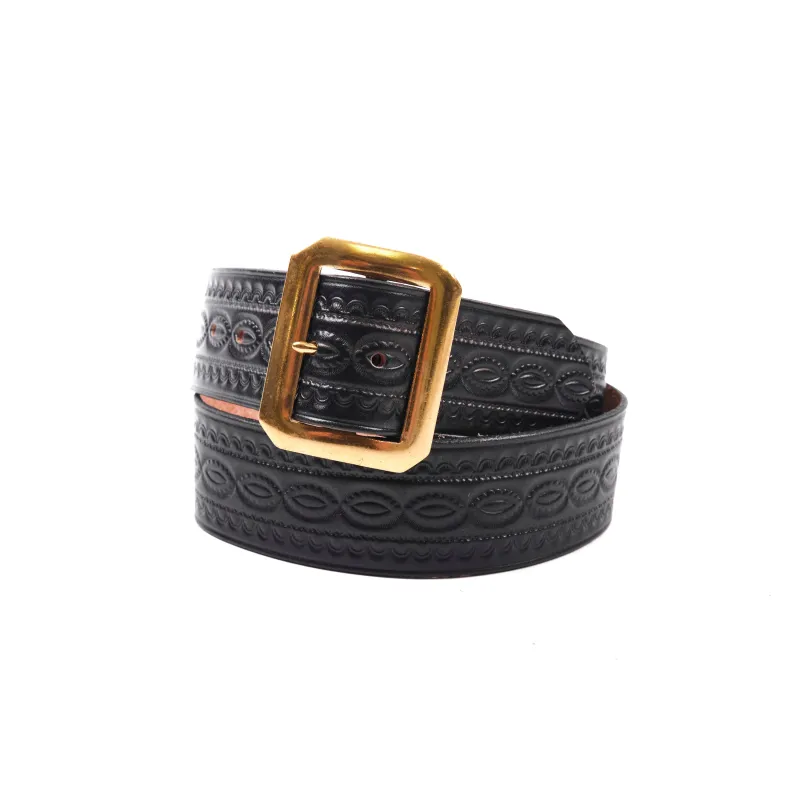 Codina Leather - NOS Vintage Brass Buckle Embossed Belt Black made by Freenote Cloth