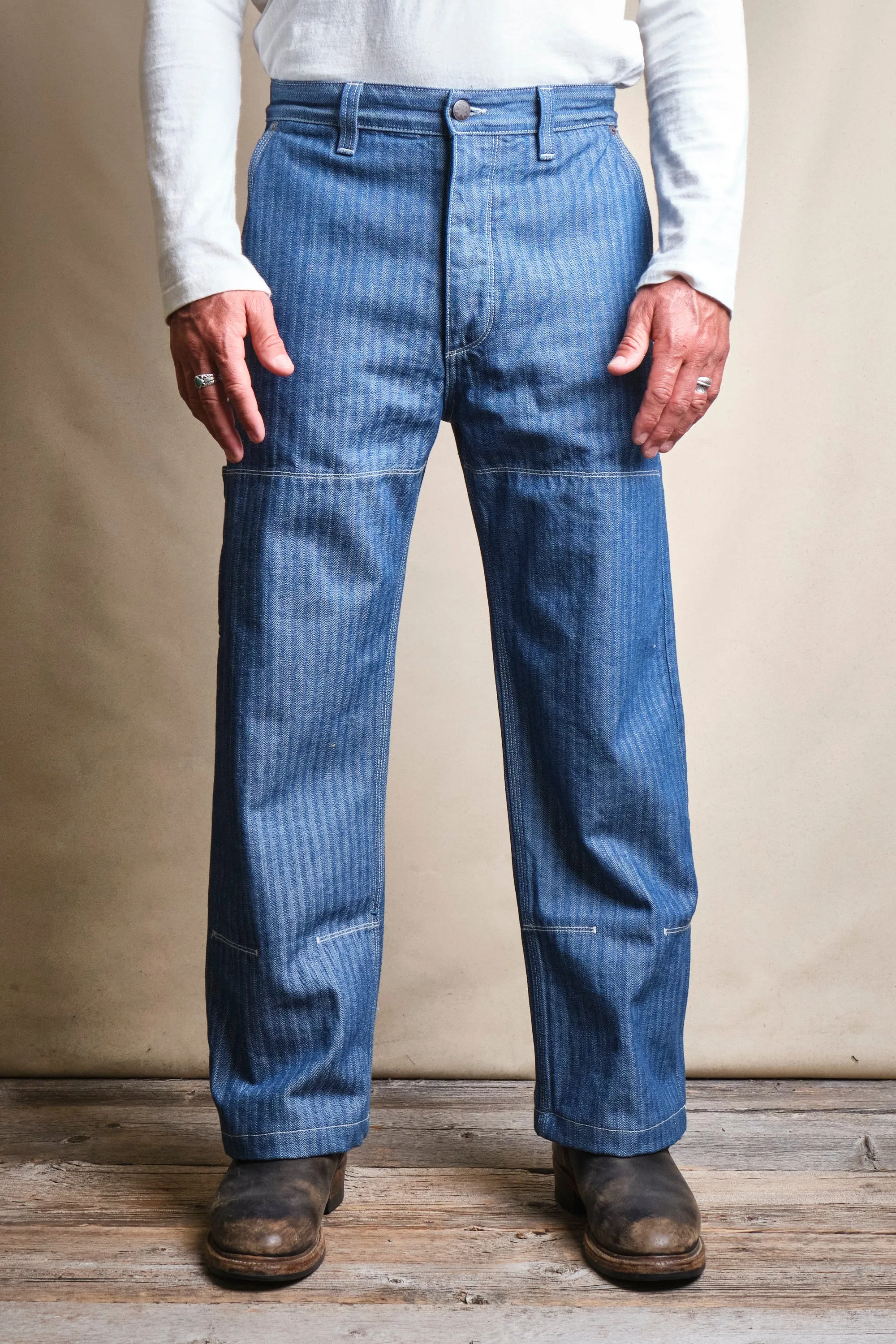 Ortega Pant 13 Ounce Blue Herringbone sold by Freenote Cloth