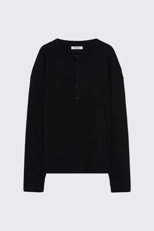 Black Extended Placket Henley made by Sangiev