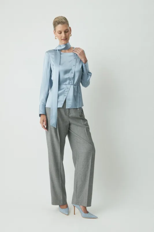 Romain Tie Neck Silk Shirt - Dove Blues made by Perri Cutten