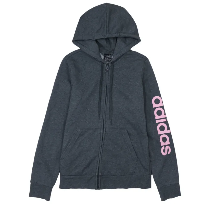 Adidas Dark Grey Hoodie Women’s Medium Pink Sleeve Logo Full Zip Sweatshirt Top sold by Vintage Club