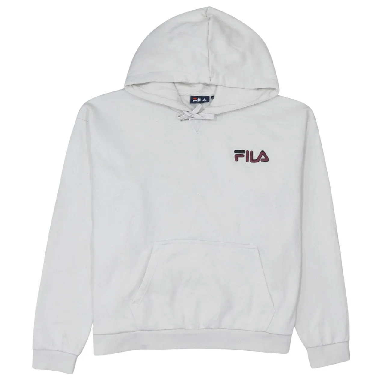 Fila White Hoodie Women’s XLarge Embroidered Chest Logo Front Pocket Pullover Sweatshirt sold by Vintage Club