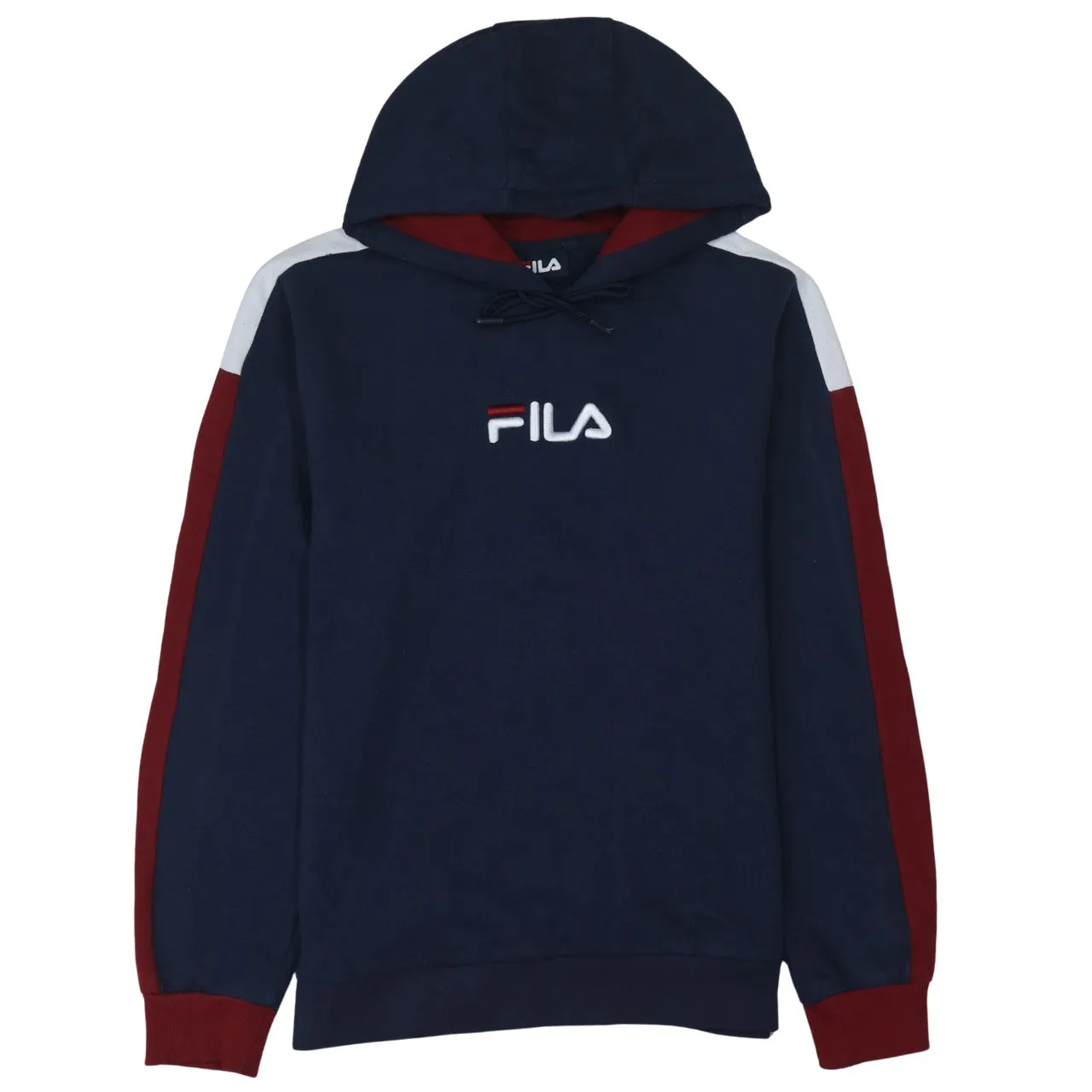 Fila Navy Blue Hoodie Men's Small Embroidered Logo Colour Block Sleeves Pullover Sweatshirt sold by Vintage Club
