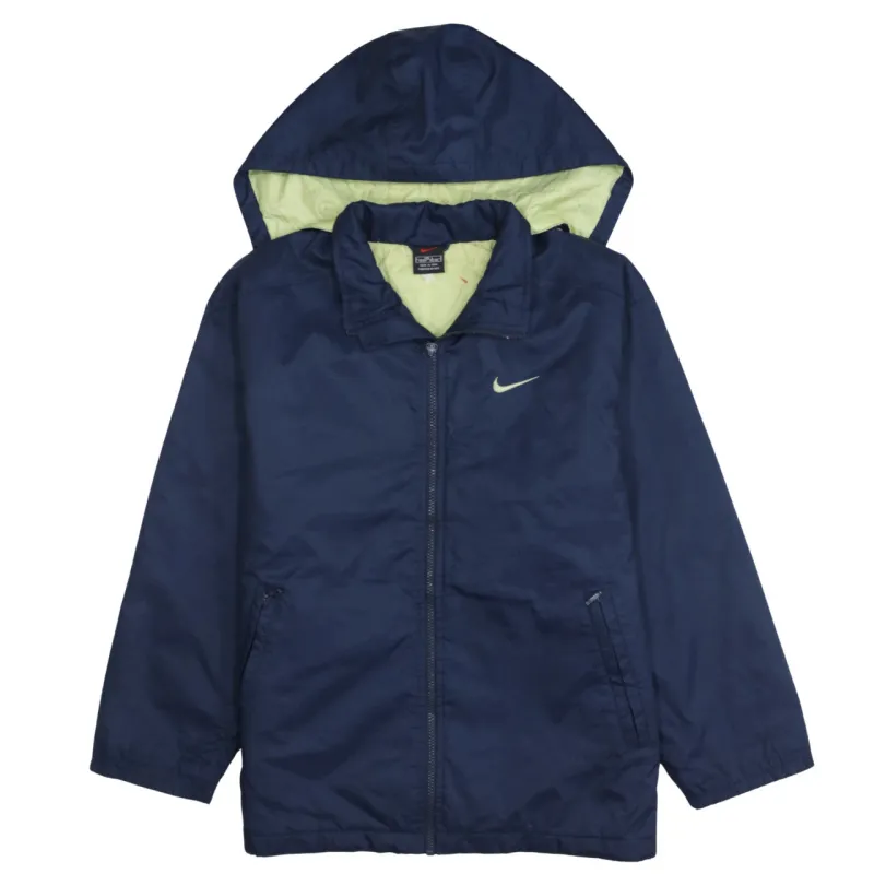 Nike Navy Blue Hooded Jacket Women’s Large Zip Front Printed Swoosh Windbreaker Outerwear sold by Vintage Club