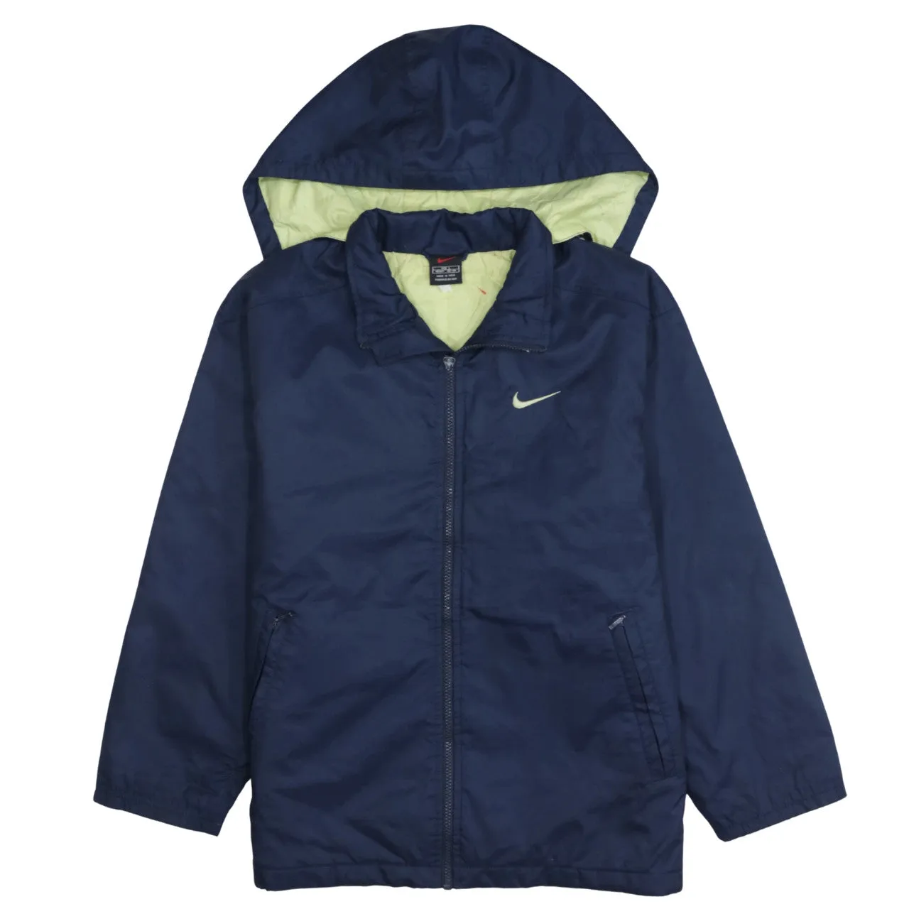 Nike Navy Blue Hooded Jacket Women’s Large Zip Front Printed Swoosh Windbreaker Outerwear sold by Vintage Club