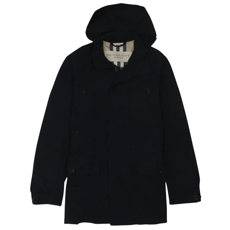 Burberry Black Hooded Jacket Women’s Medium Zip Pockets Check Lining Parka Coat sold by Vintage Club