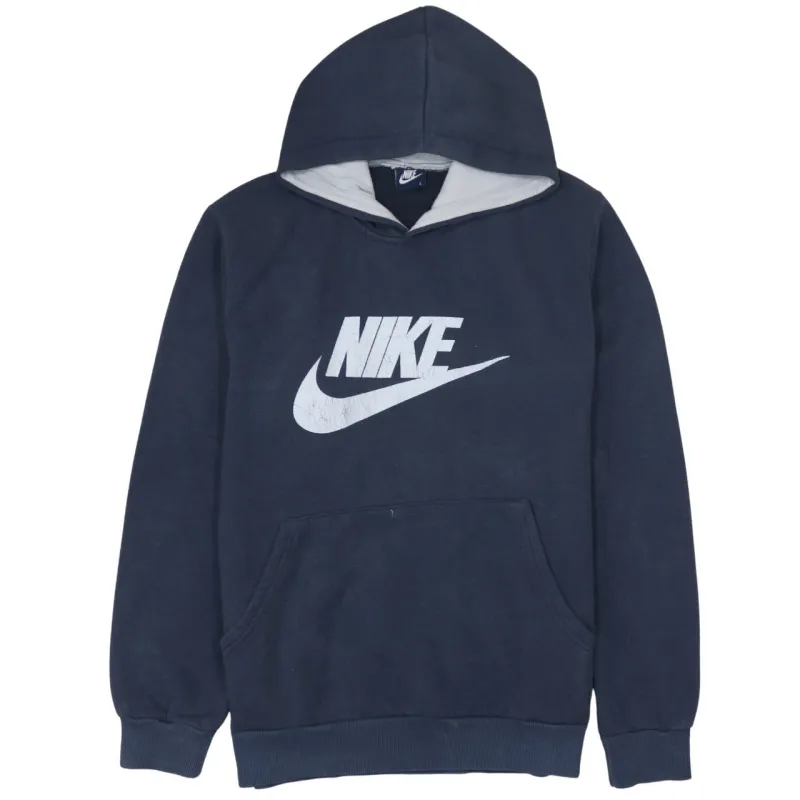 Nike Navy Blue Hoodie Women's Large Printed Big Logo Front Pouch Pullover Sweatshirt sold by Vintage Club