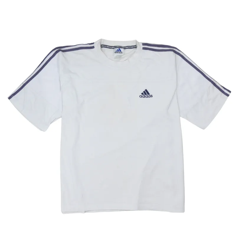Adidas White T Shirt Men's XLarge Purple Three Stripe Sleeves Printed Logo Tee sold by Vintage Club